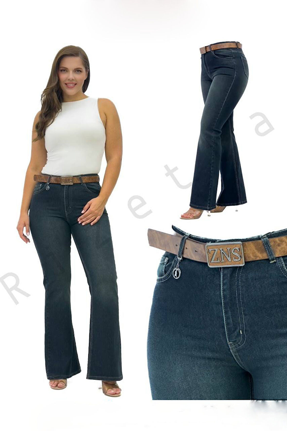 Büyük Beden Denim Toparlayıcı Kemerli Yüksek Bel İspanyol Paça Kadın Pantolon