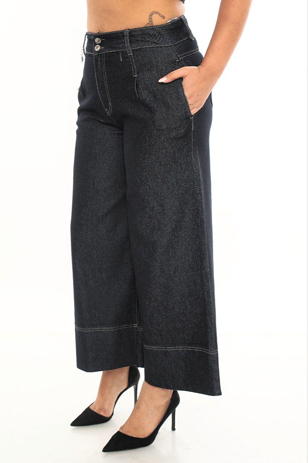 Büyük Beden Denim Toparlayıcı Yüksek Bel Geniş Paça Kadın Pantolon