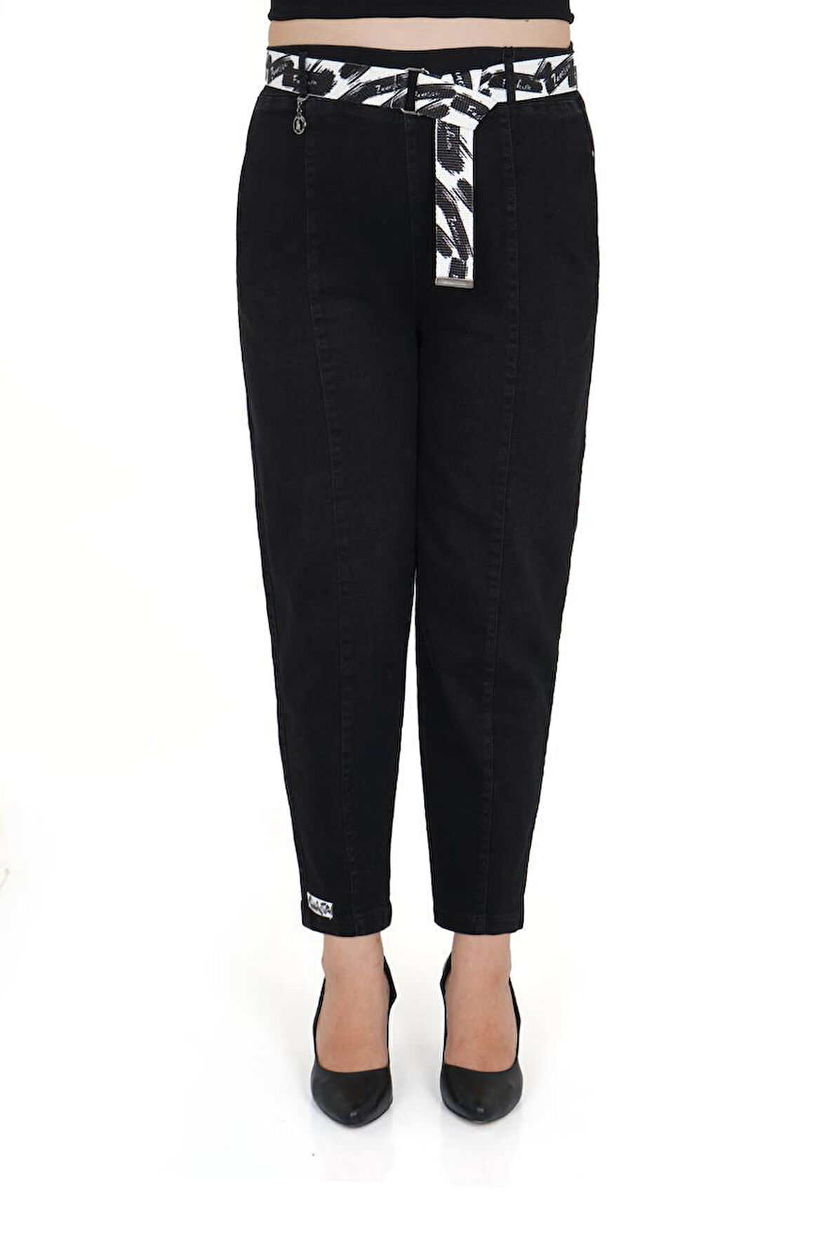 Büyük Beden Mom Kemerli Yüksek Bel Denim Kadın Pantolon