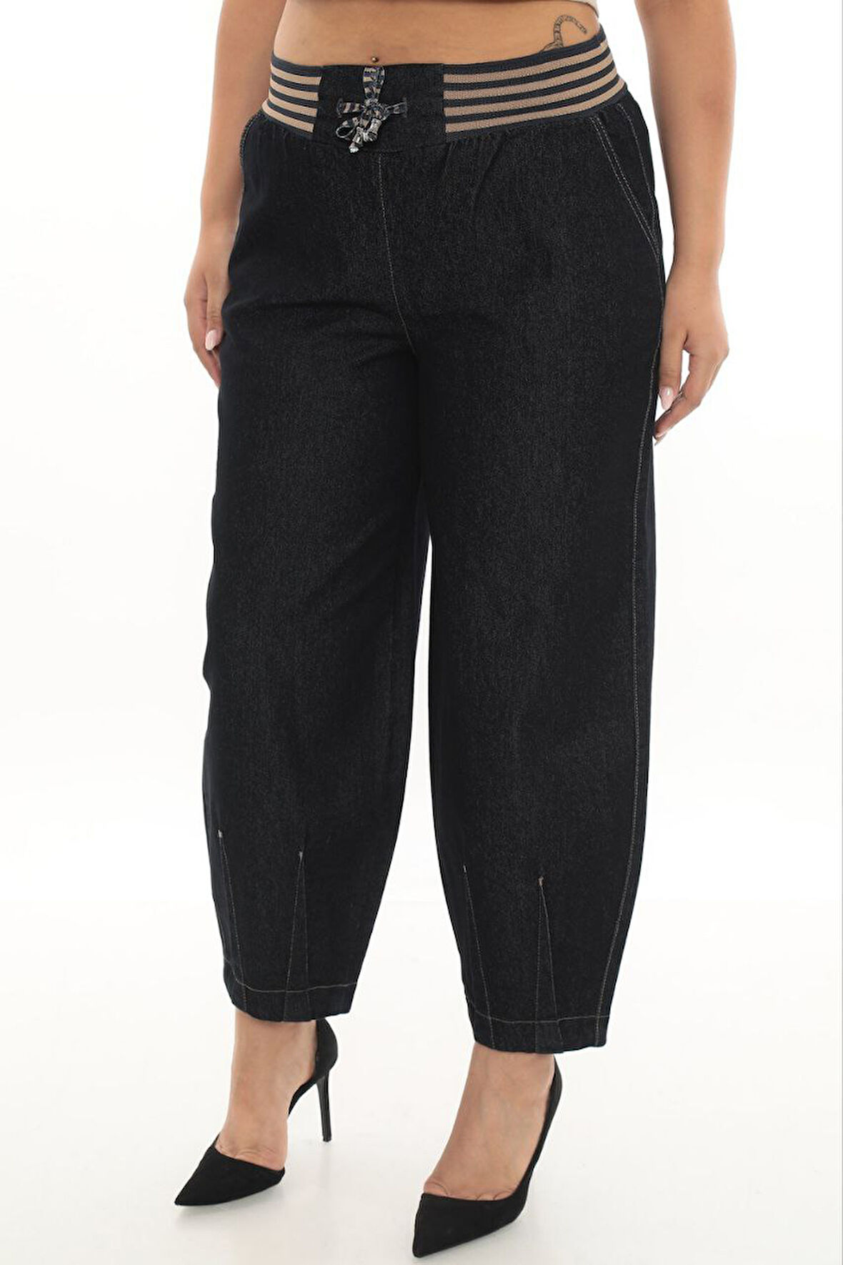 Büyük Beden Mom Lastikli Yüksek Bel Paça Detaylı Denim Kadın Pantolon