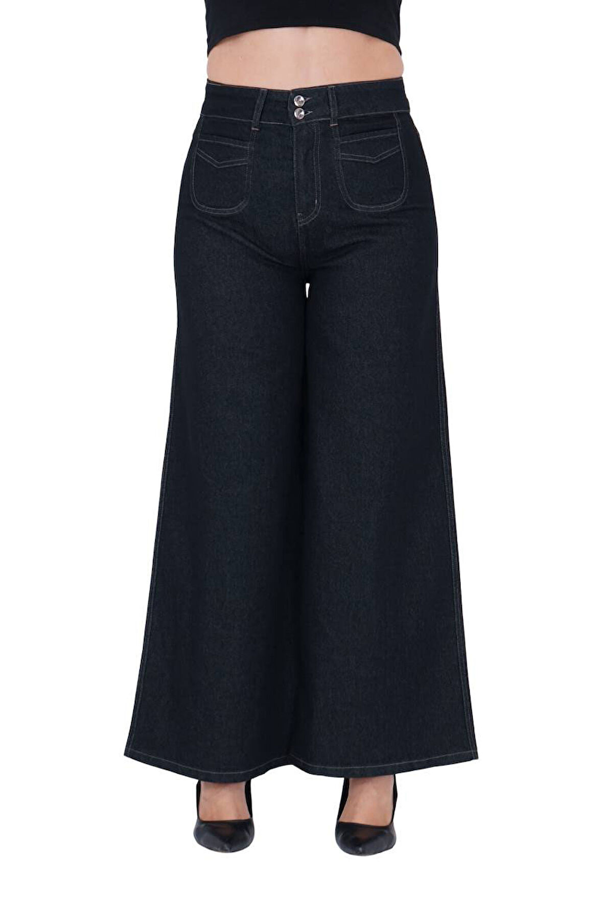 Büyük Beden Toparlayıcı Yüksek Bel Önden Cepli Denim Geniş Paça Kadın Pantolon