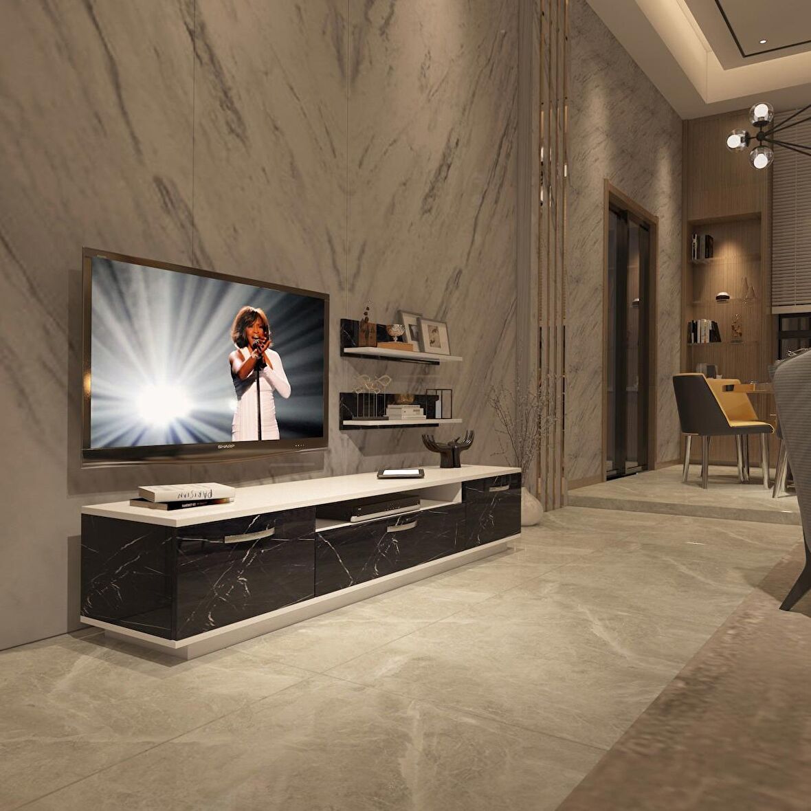Decoraktiv Trendstyle 4 Mdf Tv Ünitesi Tv Sehpası - Beyaz - Siyah Mermer
