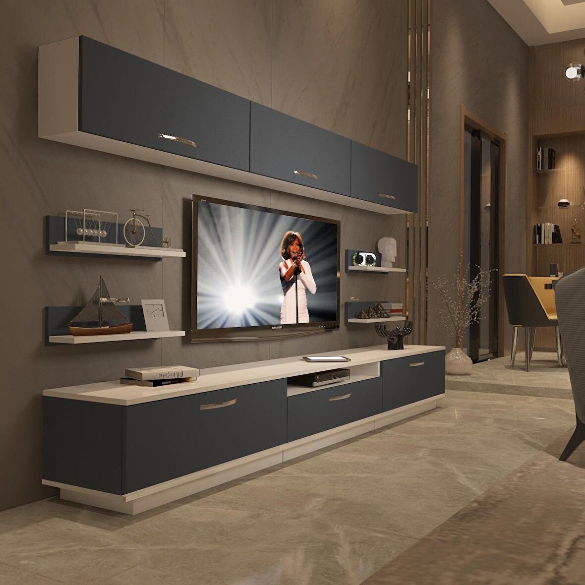 Decoraktiv Trendstyle 8Y Mdf Tv Ünitesi Tv Sehpası - Beyaz - Antrasit