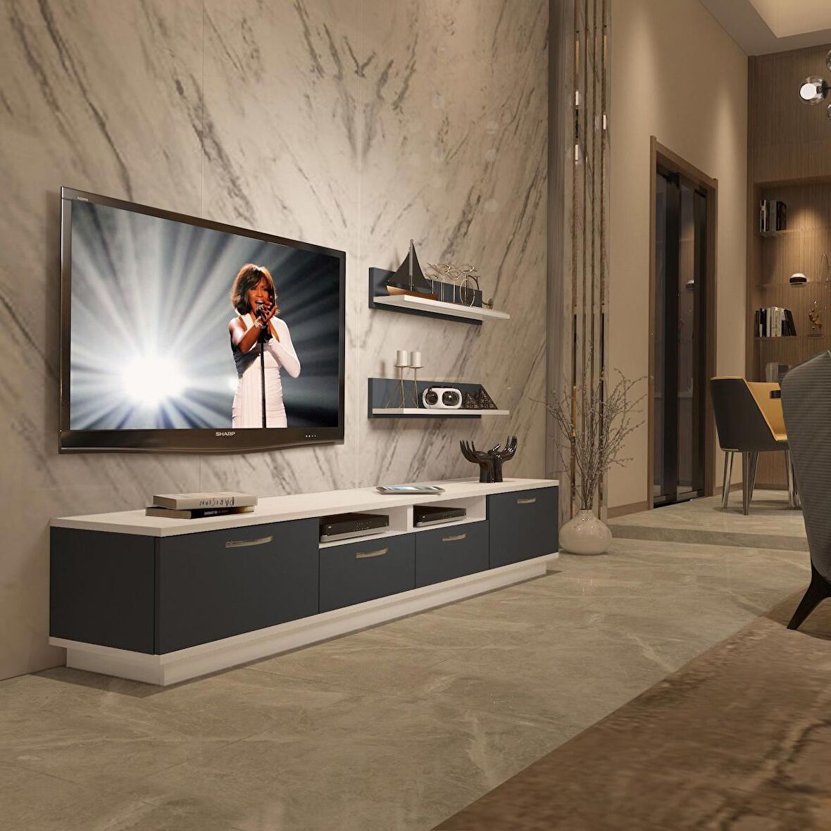 Decoraktiv Trendstyle 220R Mdf Tv Ünitesi Tv Sehpası - Beyaz - Antrasit