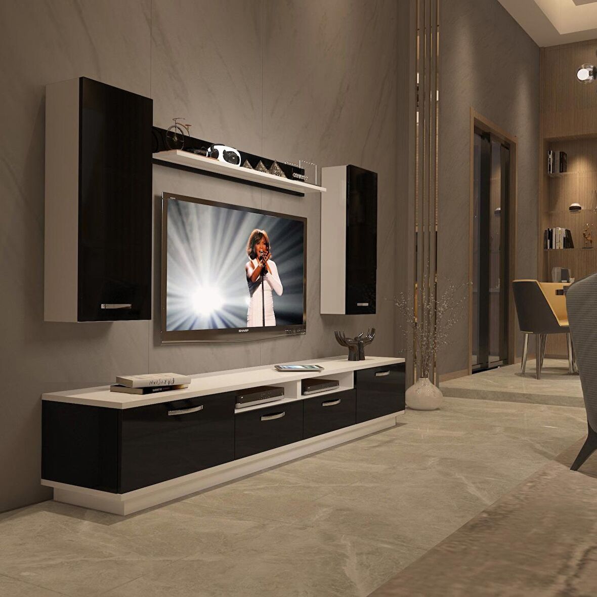 Decoraktiv Trendstyle 5220D Slm Tv Ünitesi Tv Sehpası - Beyaz - Siyah