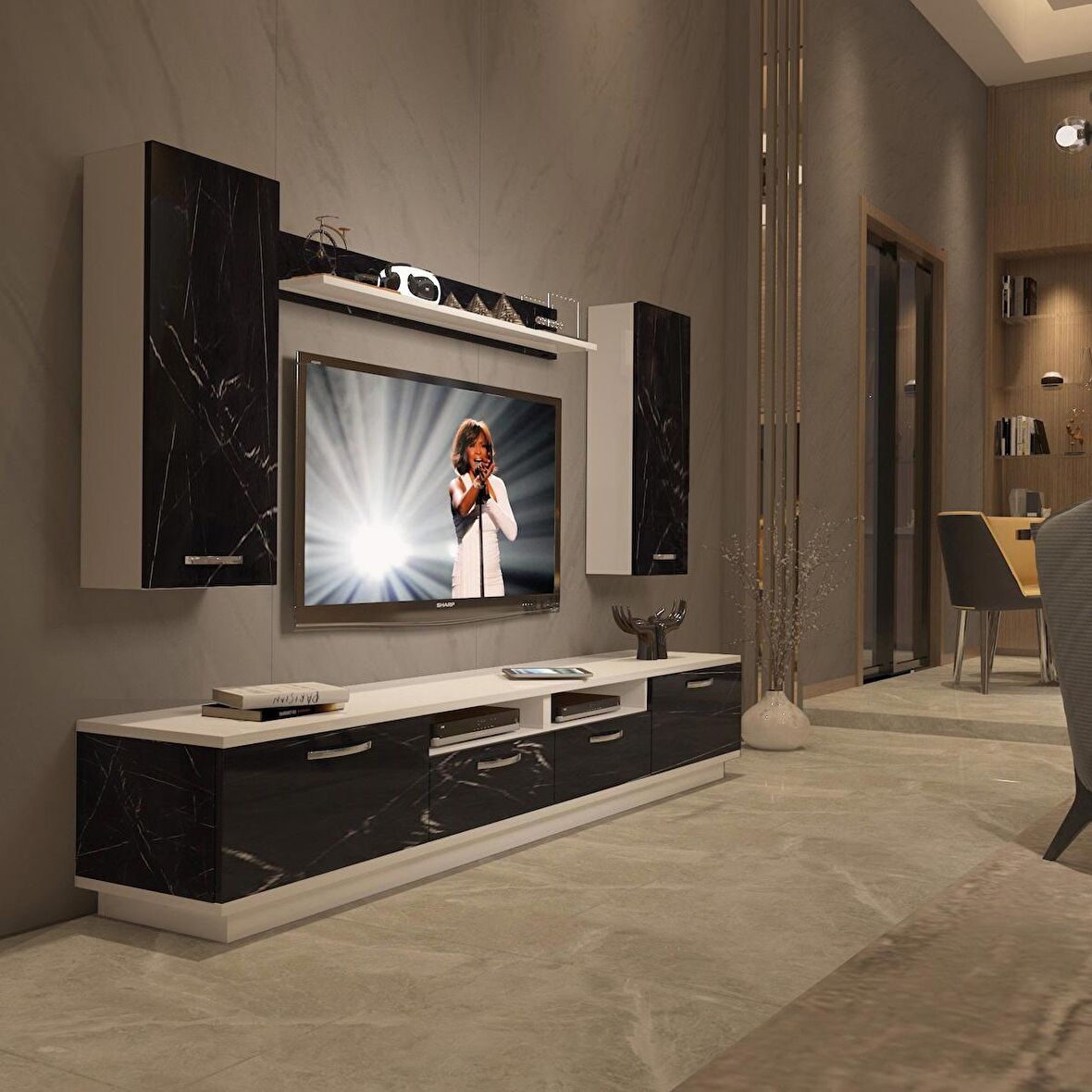Decoraktiv Trendstyle 5220D Slm Tv Ünitesi Tv Sehpası - Beyaz - Siyah Mermer