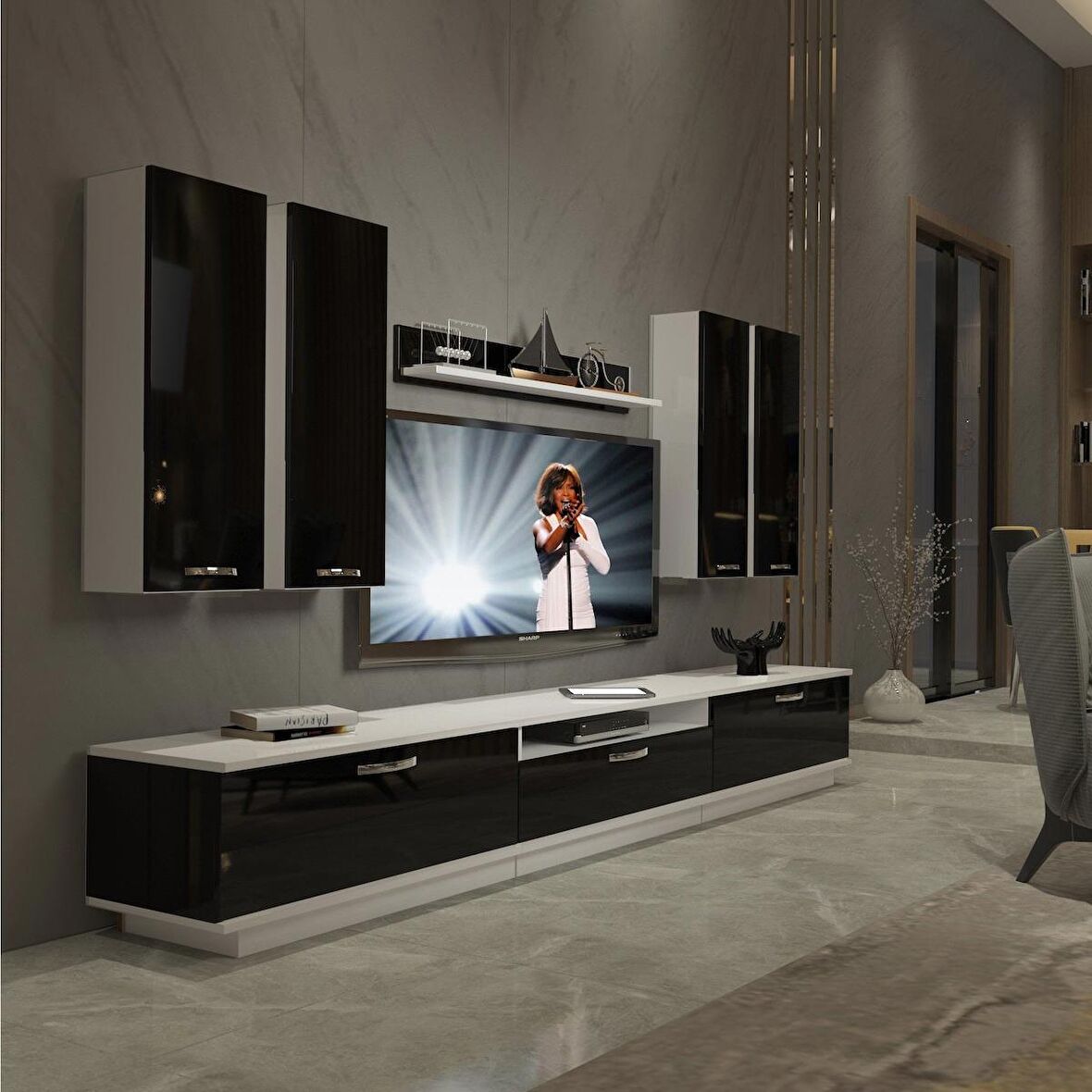 Decoraktiv Trendstyle 8D Slm Tv Ünitesi Tv Sehpası - Beyaz - Siyah