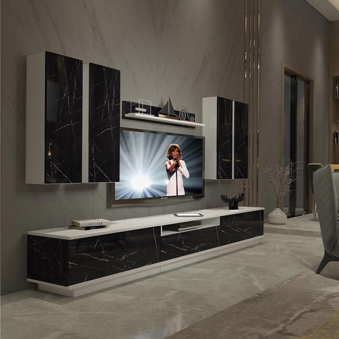 Decoraktiv Trendstyle 8DS Slm Tv Ünitesi Tv Sehpası - Beyaz - Siyah Mermer