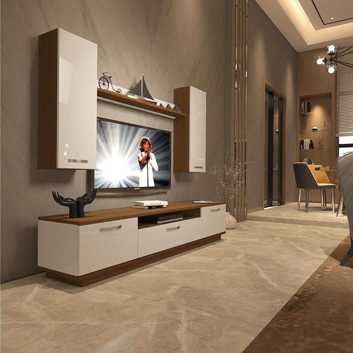 Decoraktiv Trendstyle 5D Mdf Tv Ünitesi Tv Sehpası - Ceviz - Beyaz