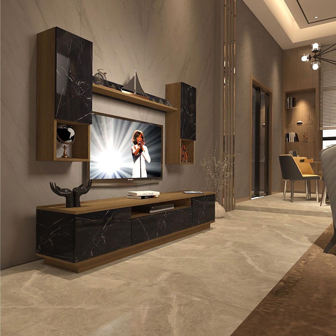 Decoraktiv Trendstyle 5DAS Mdf Tv Ünitesi Tv Sehpası - Pera - Siyah Mermer