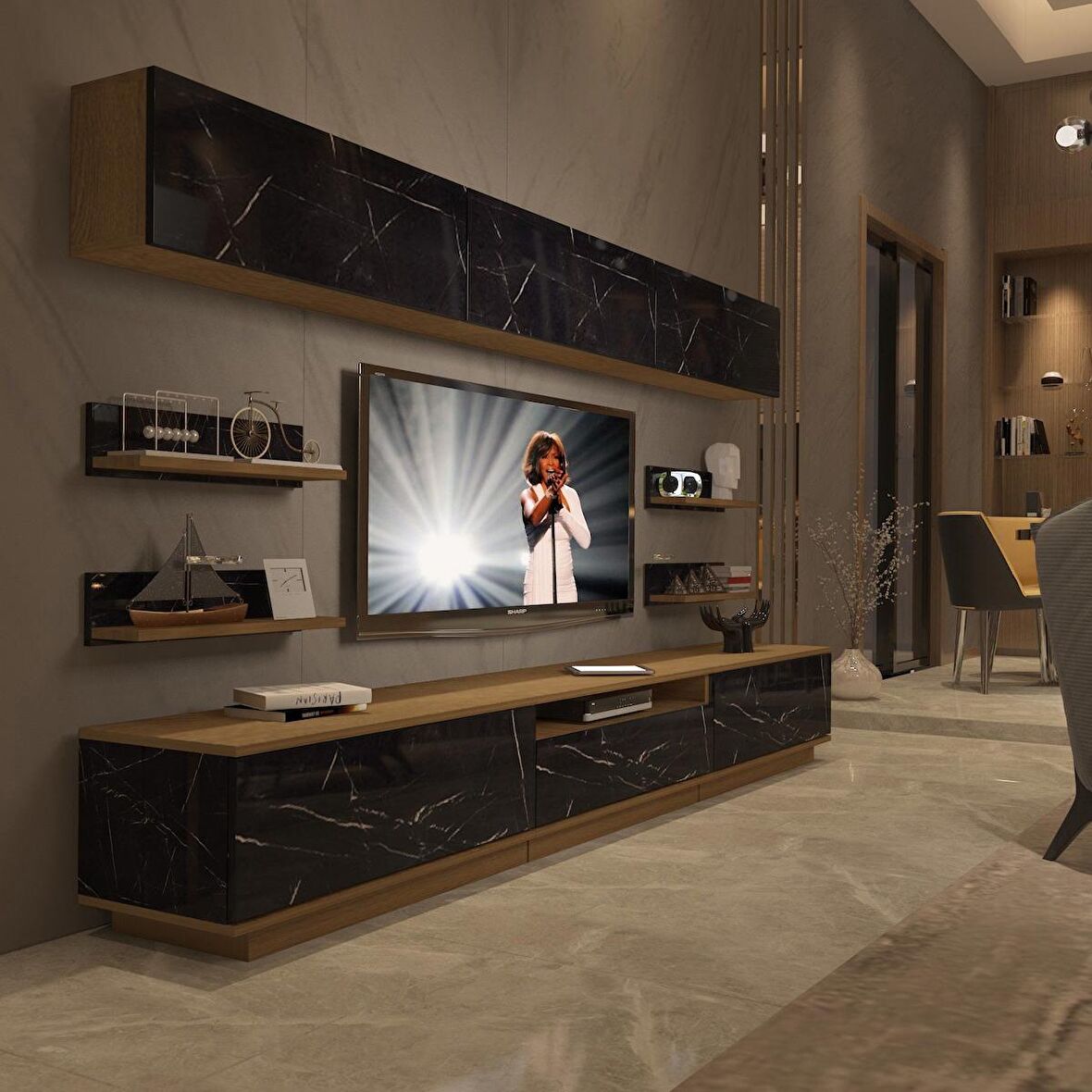 Decoraktiv Trendstyle 8YS Mdf Tv Ünitesi Tv Sehpası - Pera - Siyah Mermer