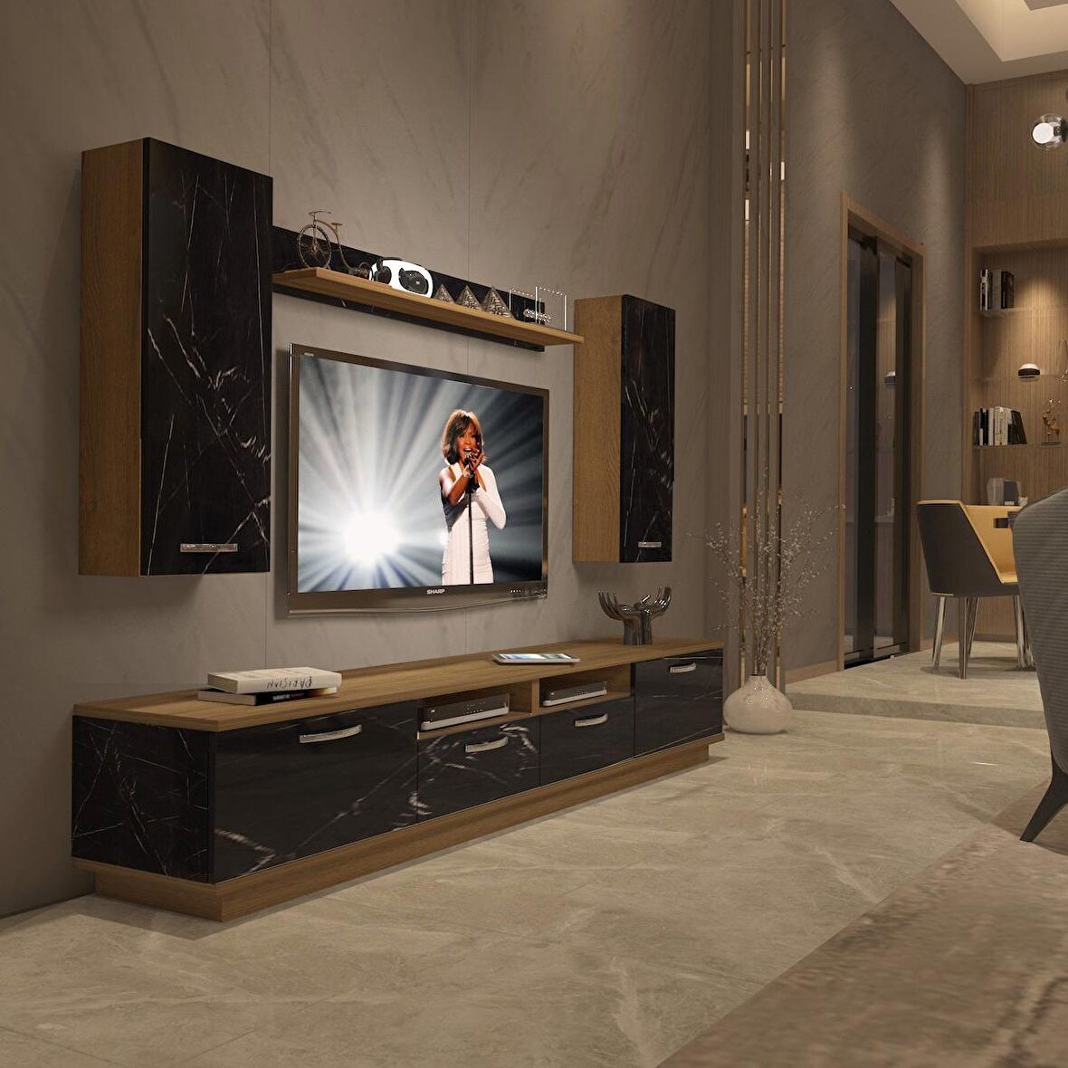 Decoraktiv Trendstyle 5220D Mdf Tv Ünitesi Tv Sehpası - Pera - Siyah Mermer