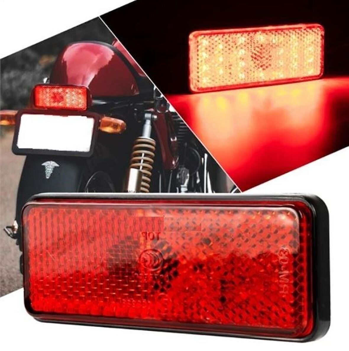 CARUB MOTOSİKLET 12V 18 LEDLİ DÜZ VE ÇAKAR KIRMIZI REFLEKTÖR (9X3CM)