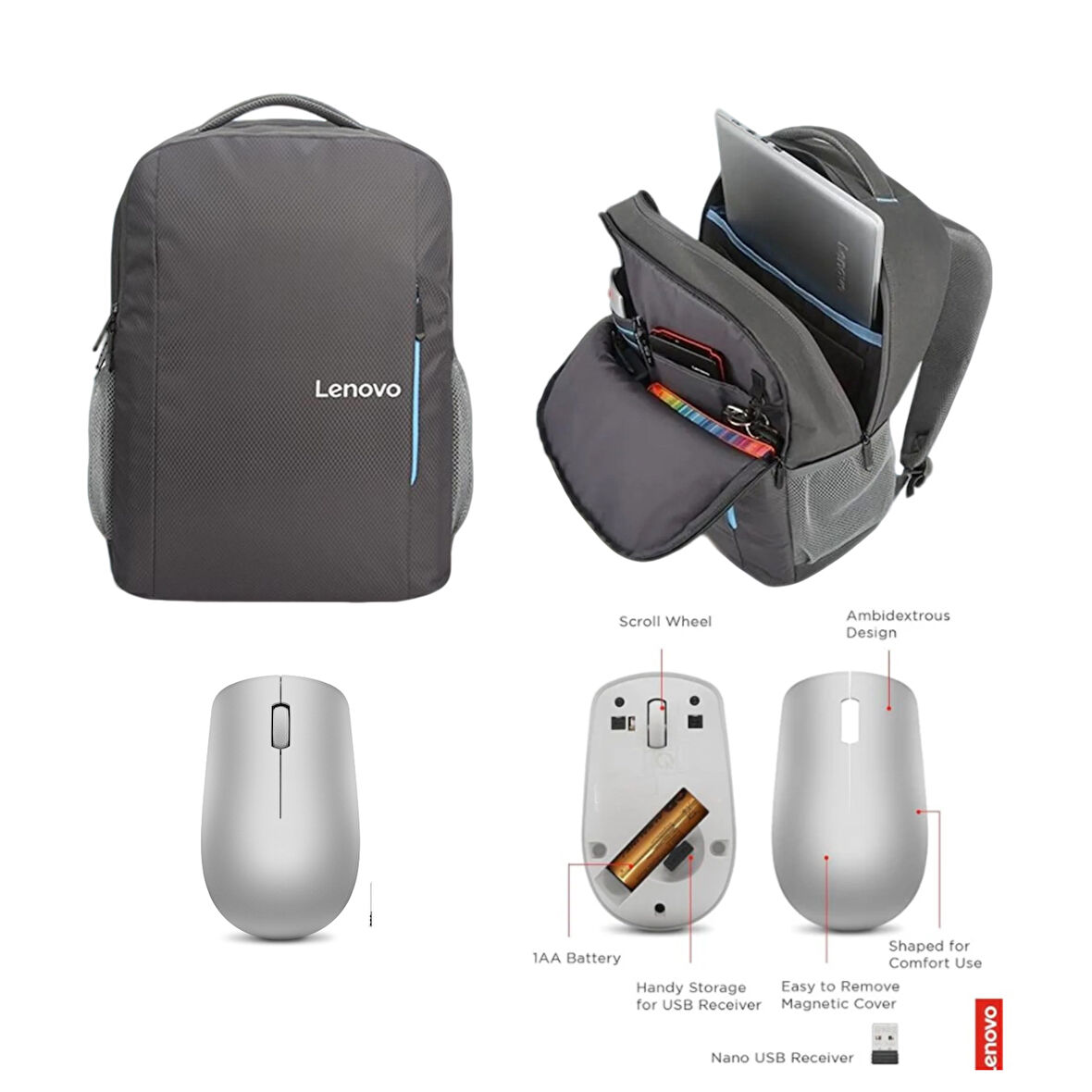 Lenovo B515 Gri Çanta, Lenovo 300 Wireless Gri Mouse Pro Set