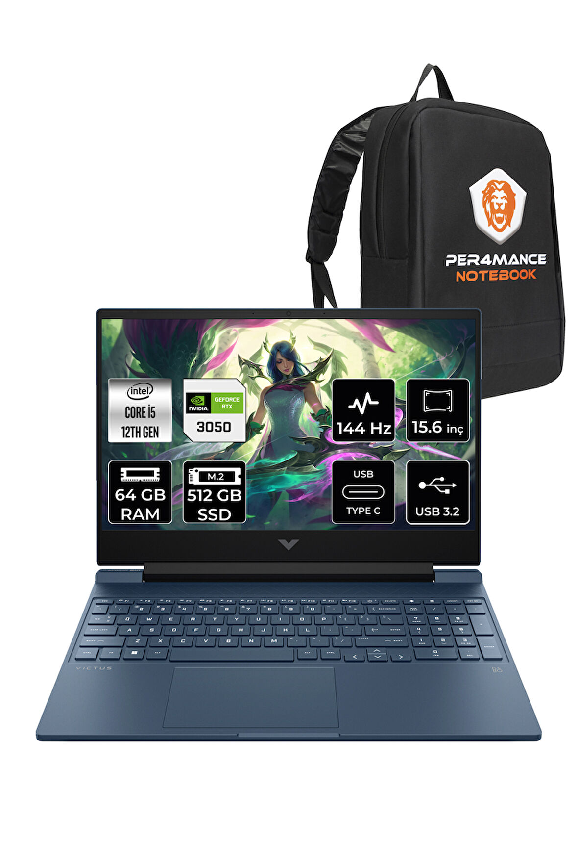 HP Victus 15 i5 12450H 64GB 512GB SSD RTX3050/4GB 144Hz 15.6'' FHD FDOS Gaming Laptop & PER4 ÇANTA