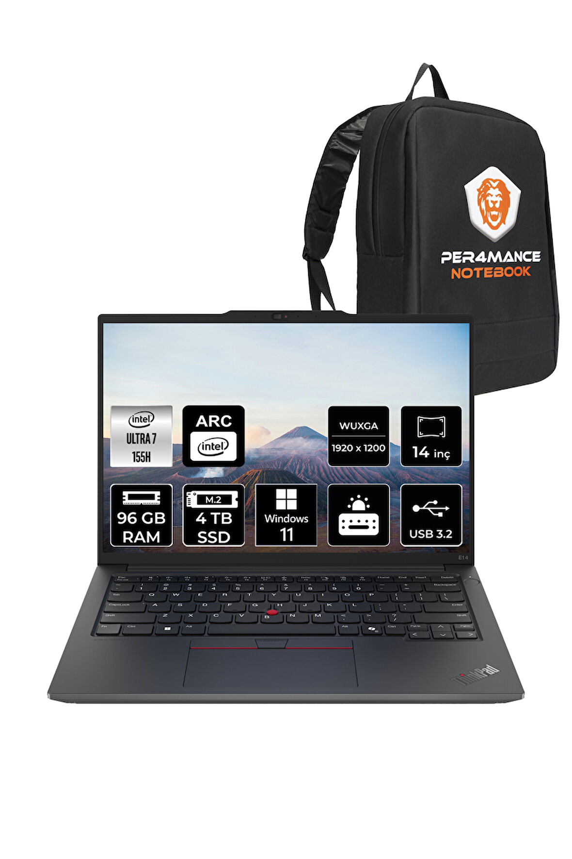 Lenovo ThinkPad E14 Ultra7 155H 96GB DDR5 4TB SSD 14'' FHD+ W11P Dizüstü Bilgisayar & PER4 ÇANTA