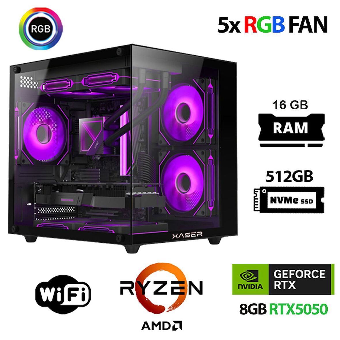 Xaser Eco X160 Ryzen 5 5500 16GB Ram 512GB M.2 NVMe SSD 8GB RTX5050 Oyuncu Masaüstü Bilgisayarı