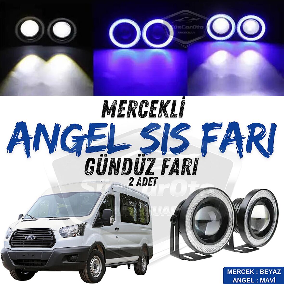 Ford Transit Tüm Modeller Uyumlu Üniversal Mercekli Angel Sis Farı Metal Su Geçirmez 76 mm Mavi Halkalı Gündüz Farı Angel Eyes 2 Adet