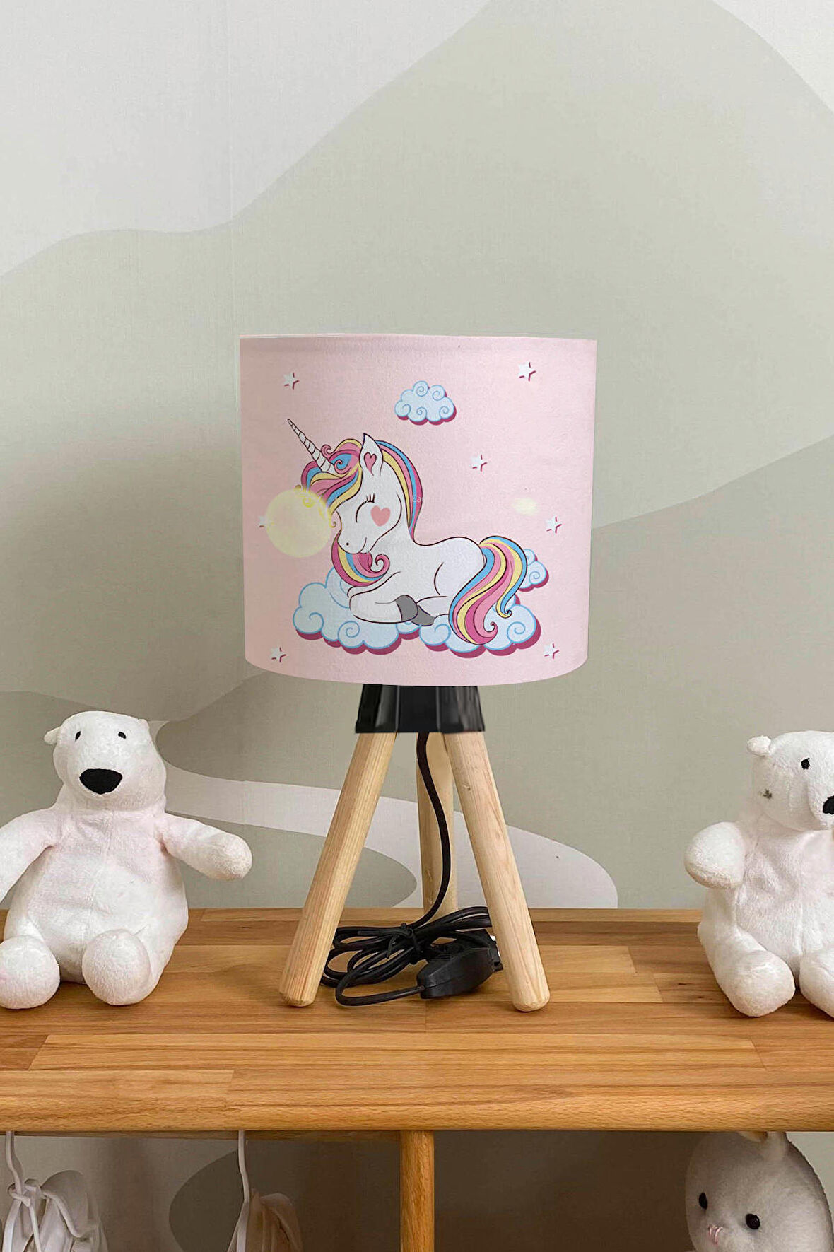 Buluttaki Unicorn Çocuk Odası Abajur Pembe