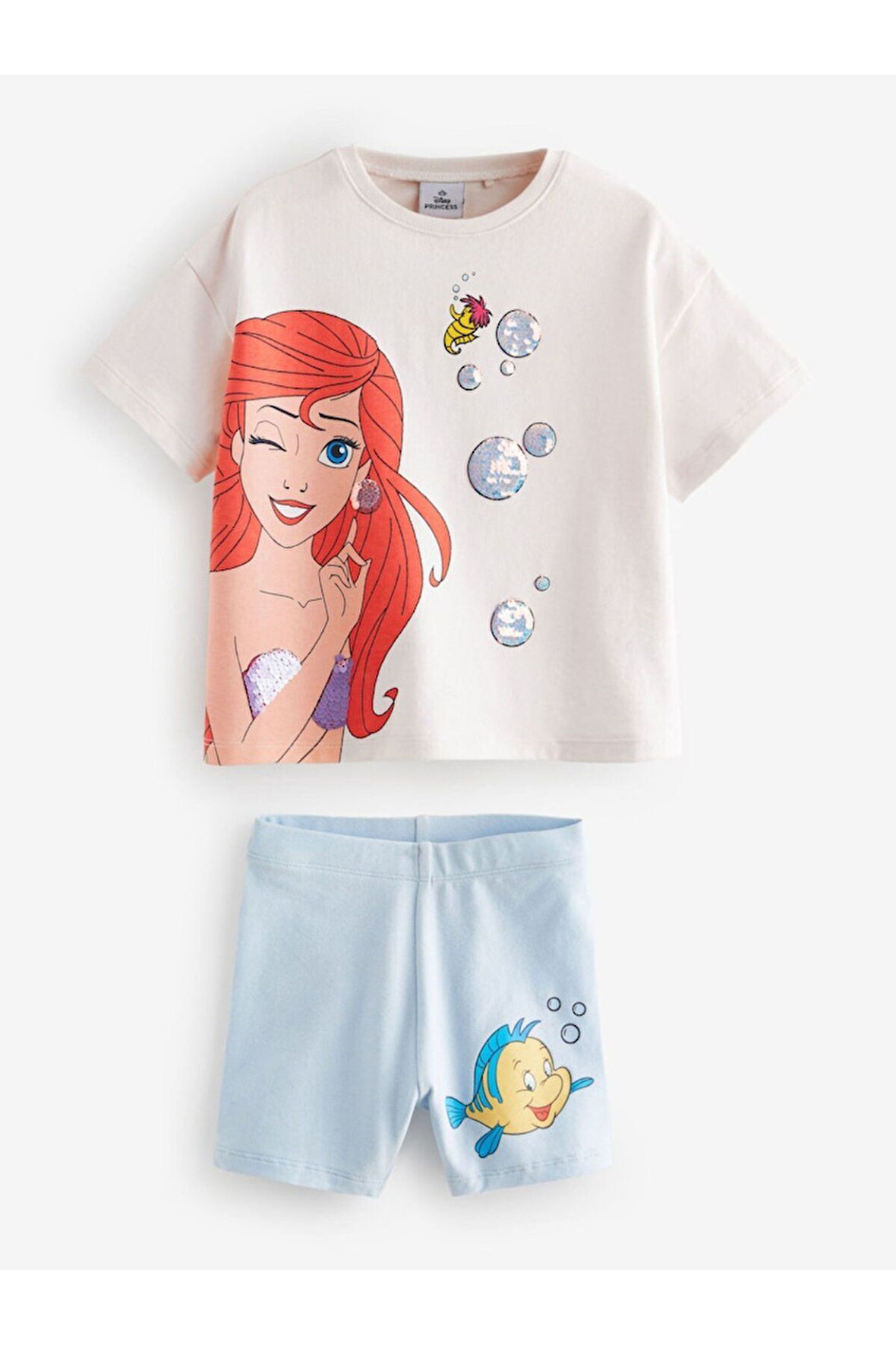 Next Baby Pamuklu Beyaz Mavi Deniz Kızı Desenli Kısa Kollu Şortlu Alt Üst Takım