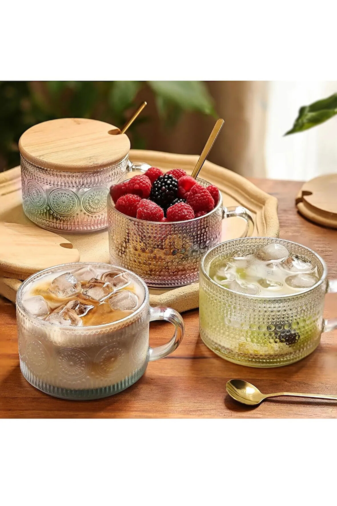 2 Adet 420 ml İrlanda Vintage  Bambu Kapaklı ve Kaşıklı Kabartmalı Kahve Bardak, Tatlı Sunum Kupa