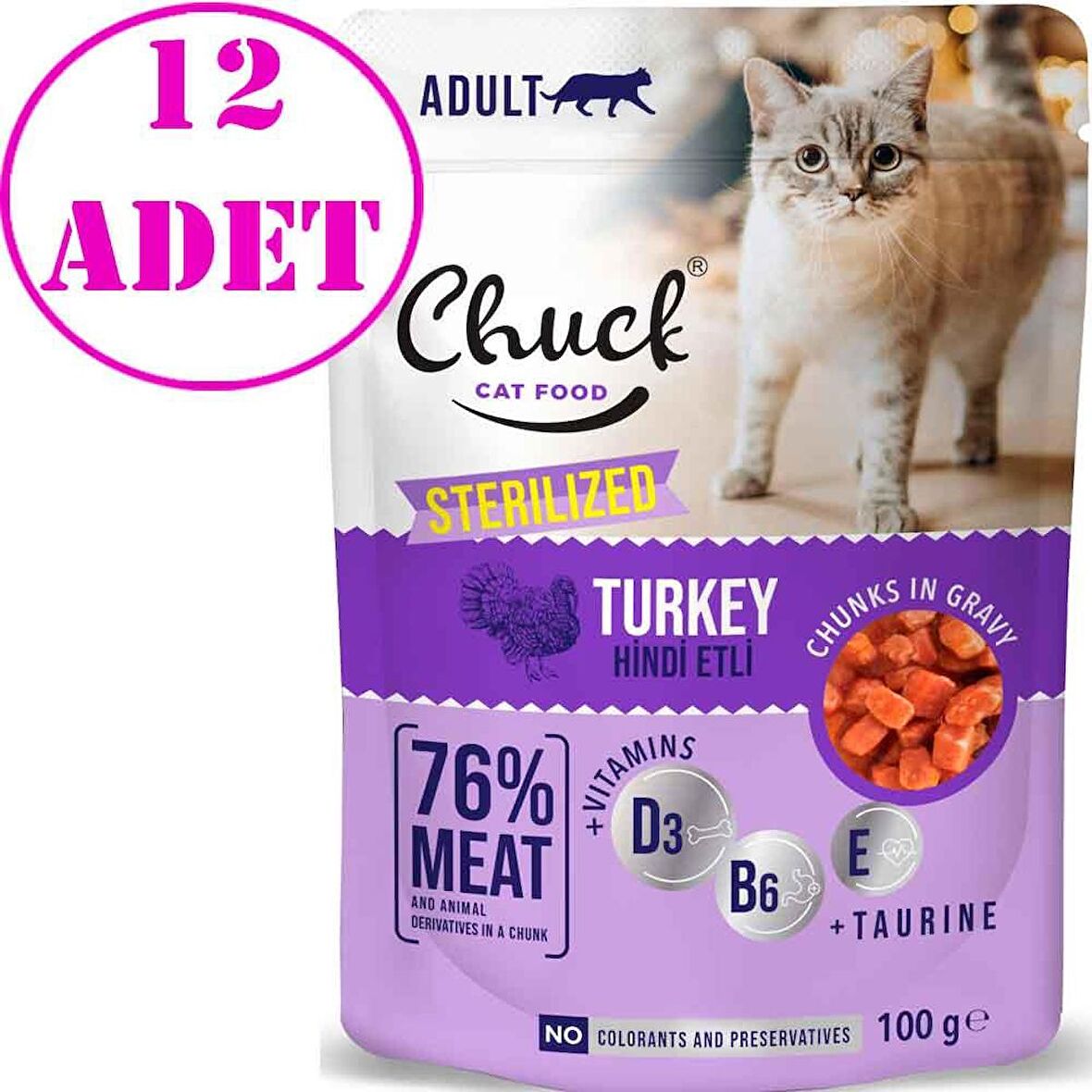 Chuck Kısır Kedi Yaş Maması Hindi Etli 100 Gr 12 AD