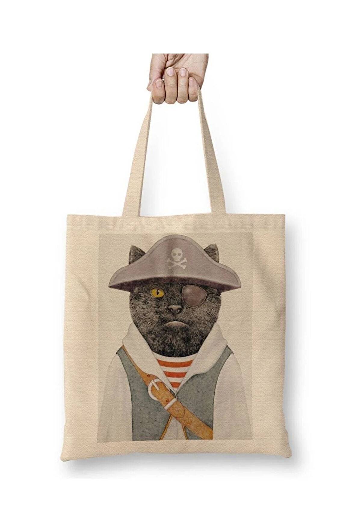 Korsan Kedi Cats Beyaz Bez Çanta Uzun Saplı Alışveriş Çantası Plaj Çantası