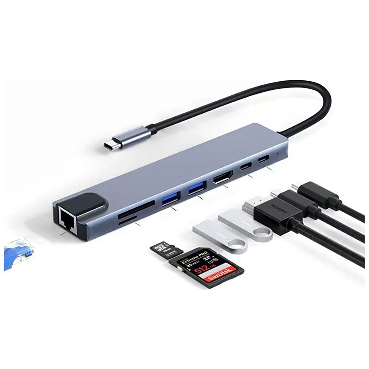 Corcoz 8in1 USB Type-C Hub Port Adaptör 4K HDMI USB Ethernet 100W PD Girişli Macbook Çevirici Hub Adaptör - CZ56