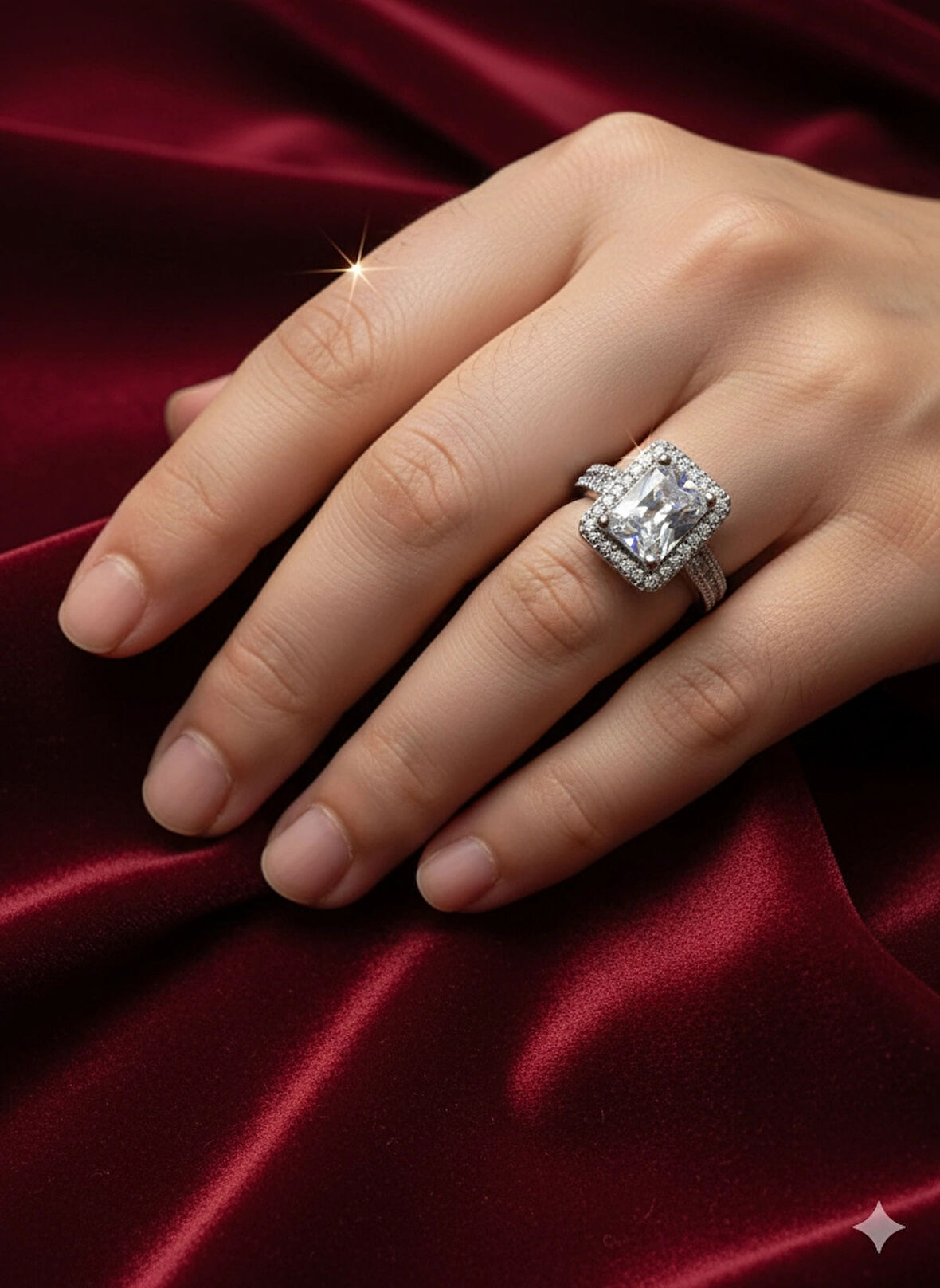 Corcoz Bagyu Serisi Ayarlanabilir Göz Alıcı Gümüş Kaplama Cam Elmas Taşlı Baget Tasarım Kare Çelik Yüzük - CZ127