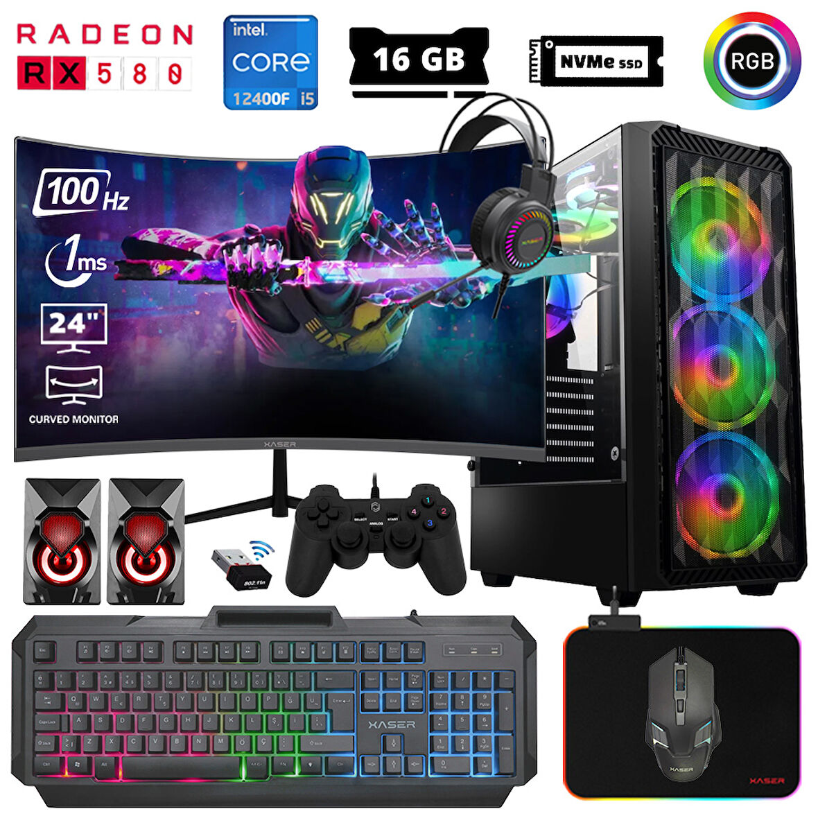 Xaser Abyss X2 i5 12400F 16GB Ram 512GB M.2 NVMe SSD 8GB RX580 256Bit 23.8" 100Hz Curved Oyuncu Bilgisayarı