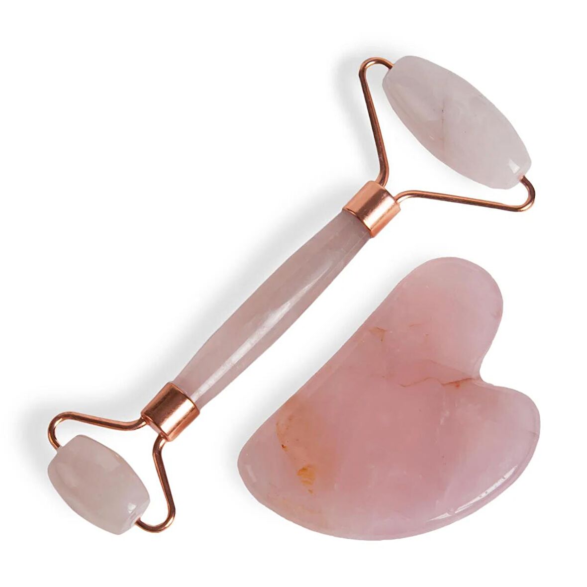 Pembe Kuvars Doğal Taş Face Roller + Gua Sha İkili Yüz Masajı Seti