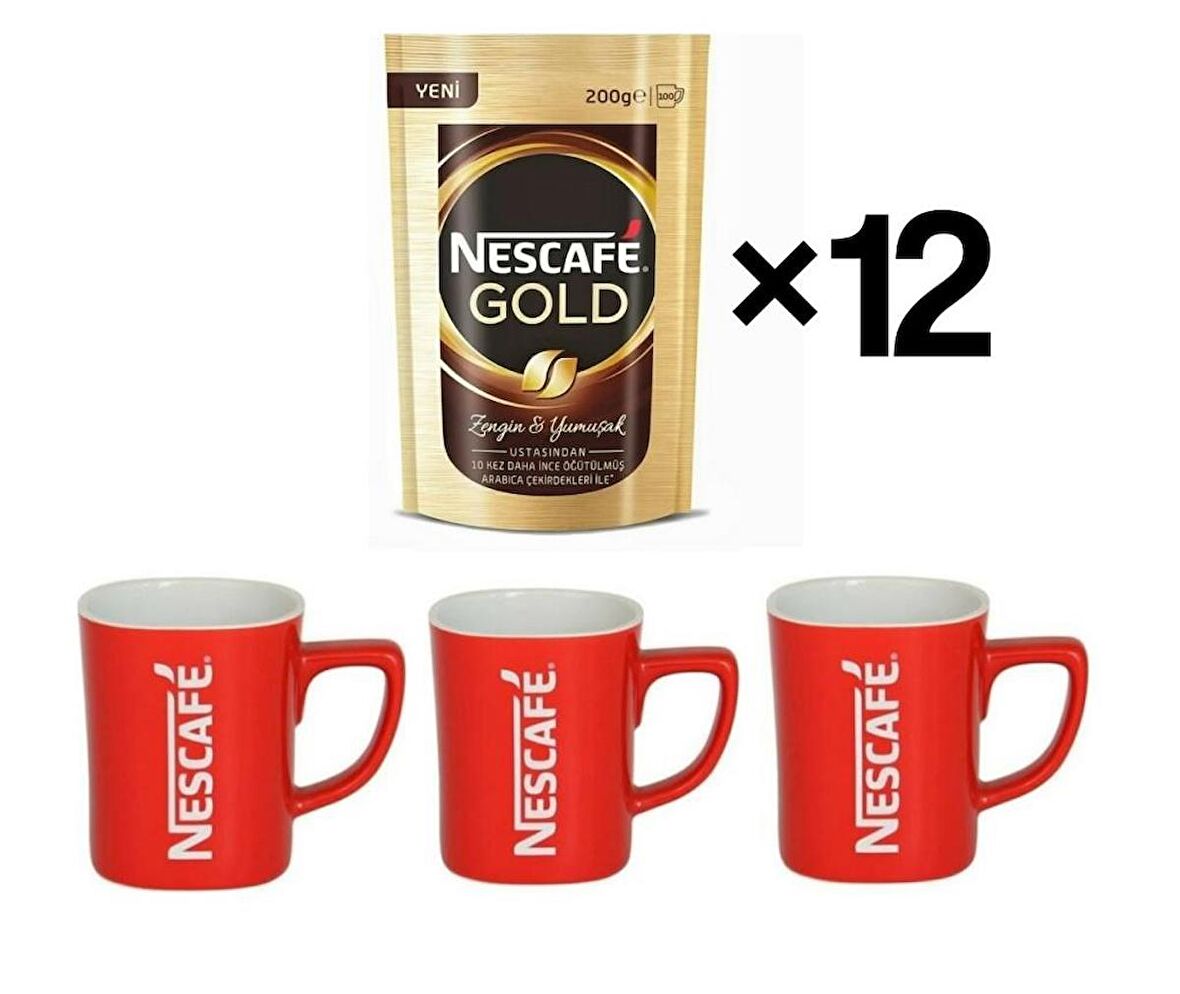 Nescafe Gold - 200 gr Paket x 12 Adet + 3 Adet Nescafe Bardak