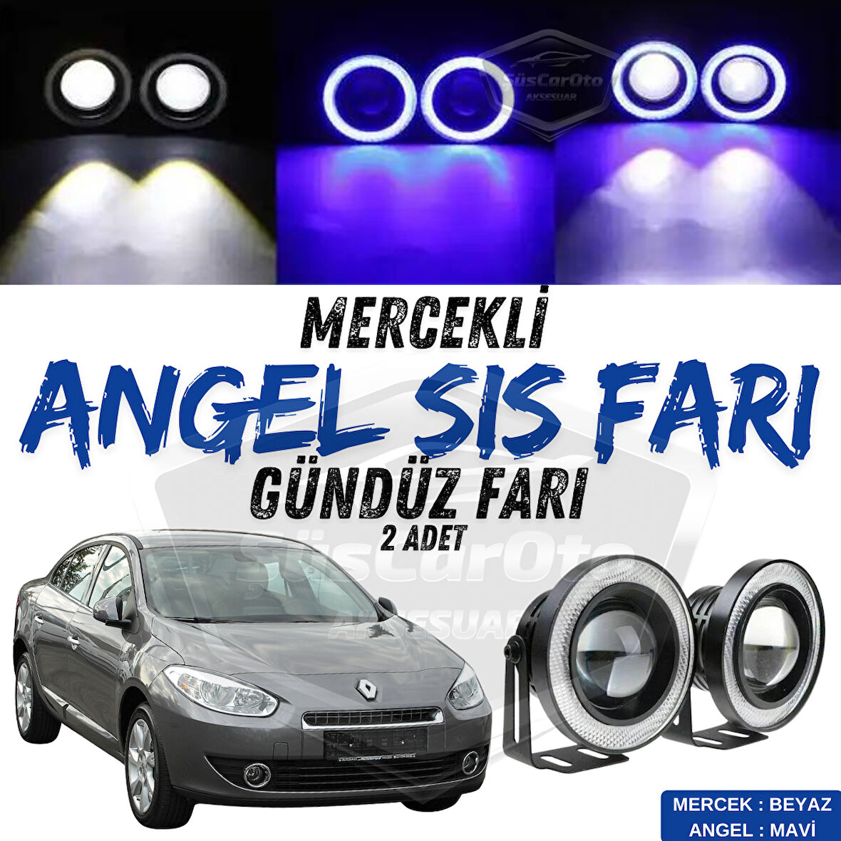 Renault Fluence 2009-2016 Uyumlu Üniversal Mercekli Angel Sis Farı Metal Su Geçirmez 76 mm Mavi Halkalı Gündüz Farı Angel Eyes 2 Adet