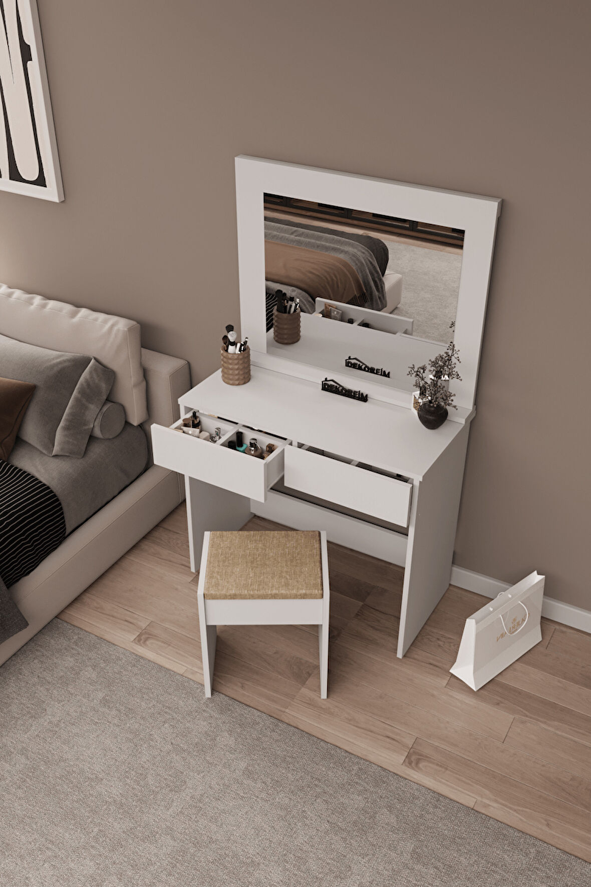 DF02109B Aynalı Puflu Beyaz Makyaj Masası