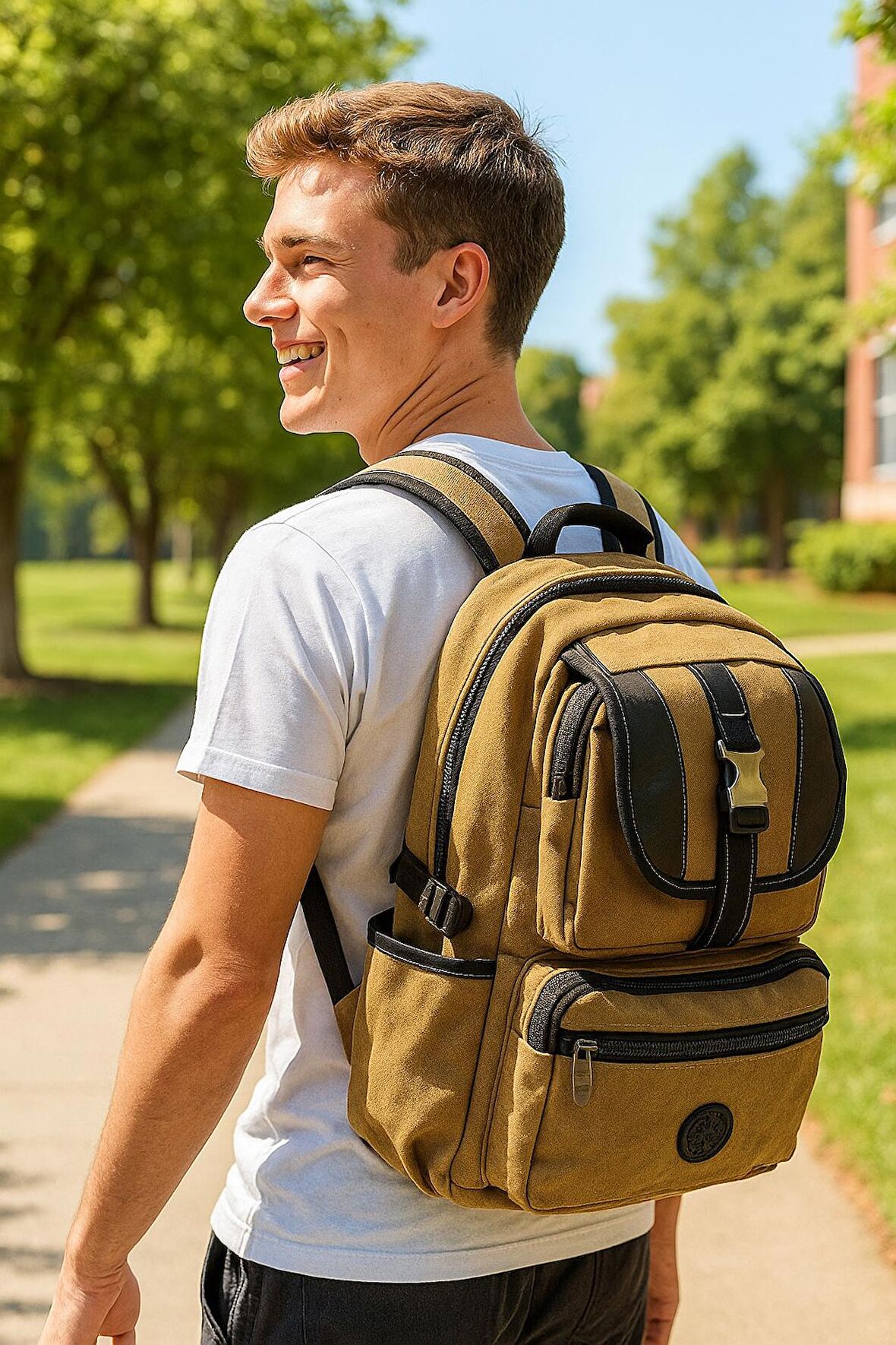 Newish Polo Kanvas Kumaş Okul Sırt Çantası (Yeni Sezon)-Taba