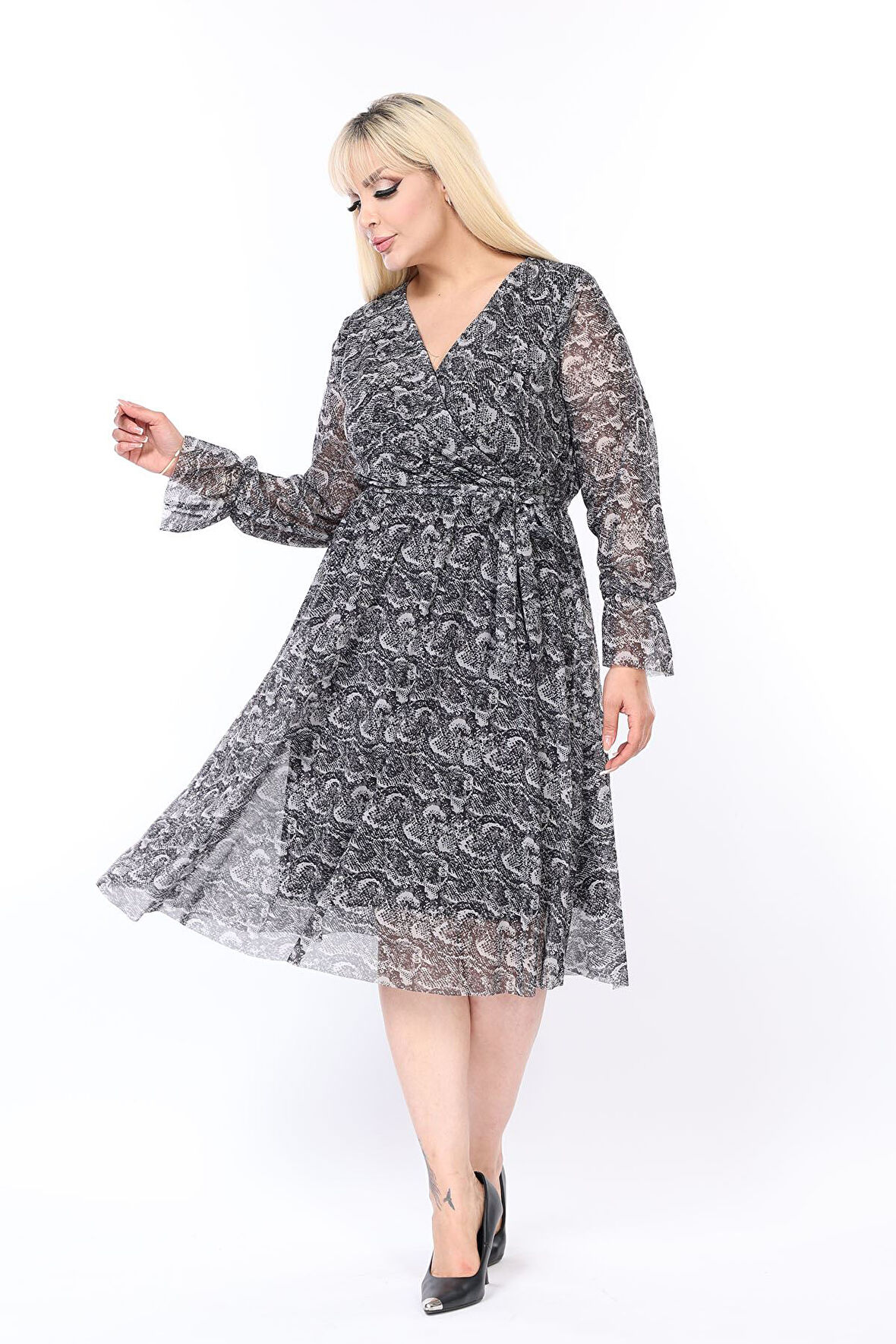 Kruvaze Yaka Büyük Beden Uzun Kol Elbise 18E-2588