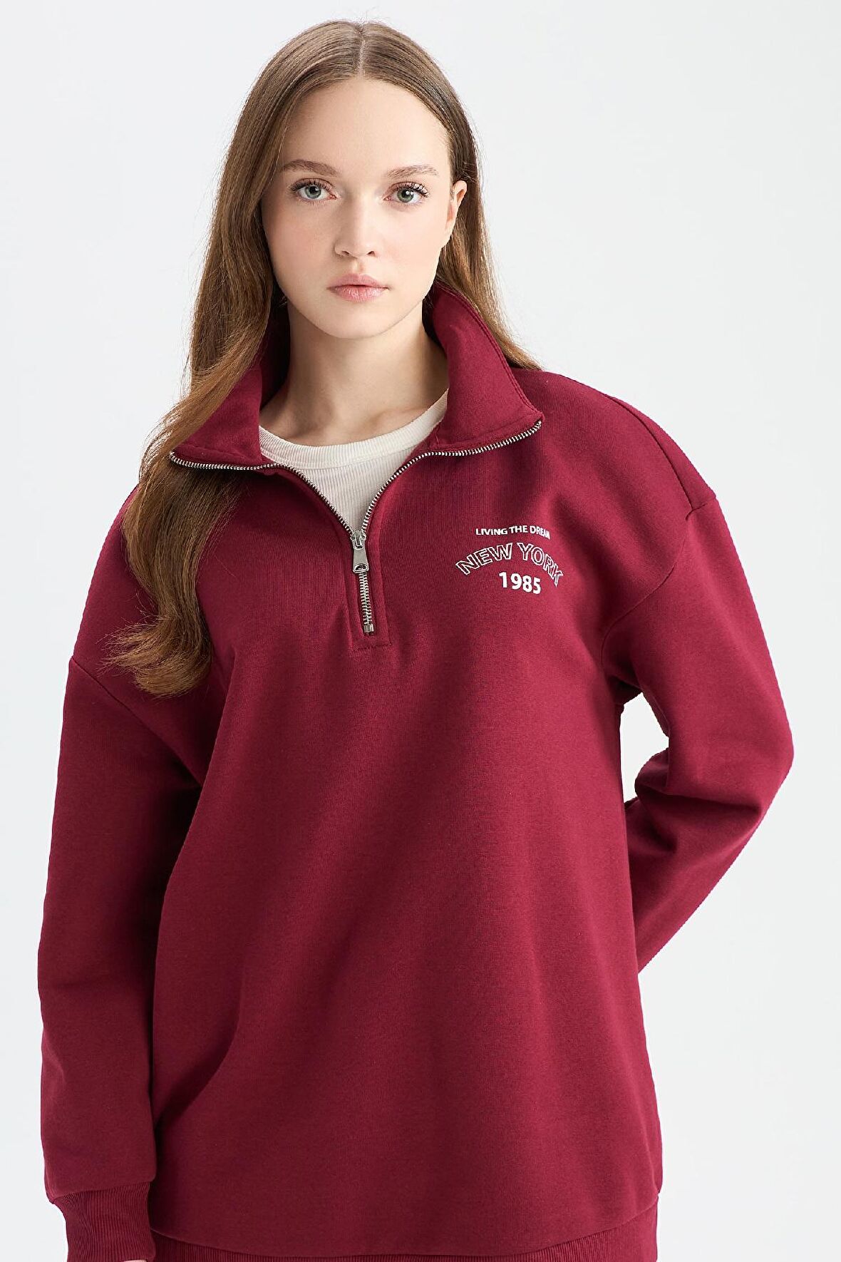 Regular Fit Fermuarlı Dik Yaka Baskılı İçi Yumuşak Tüylü Kalın Kumaş Sweatshirt Tunik
