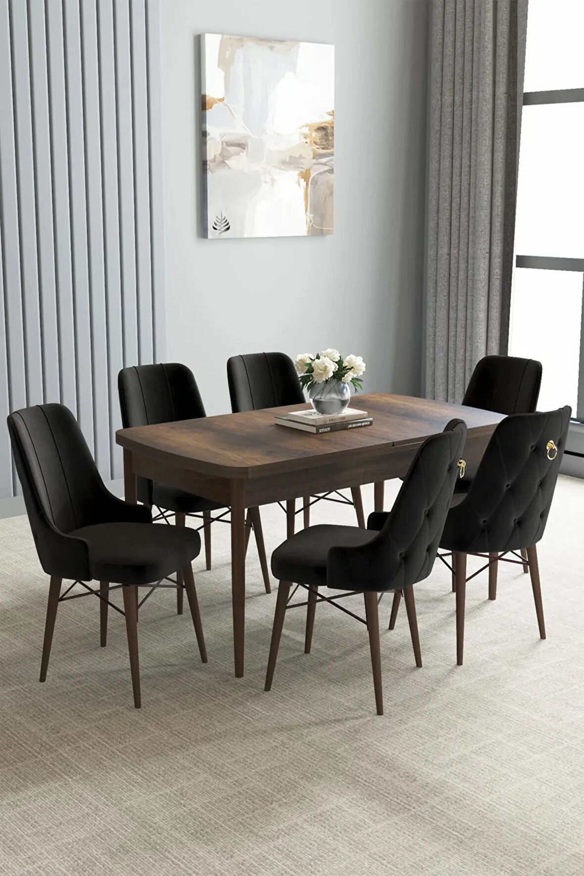 Zümra Serisi, Barok Desen 80x132 Açılabilir Mdf Mutfak Masası Takımı 6 Adet Sandalye