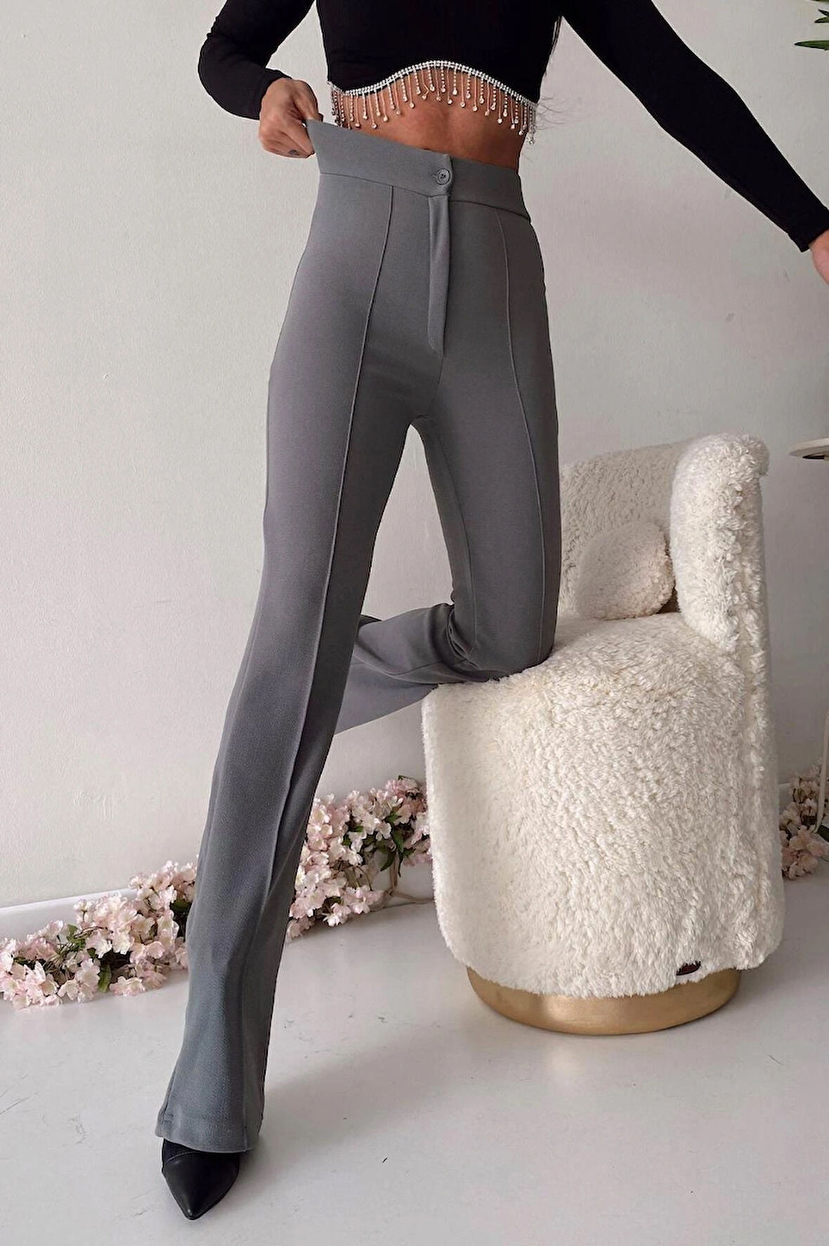 Kadın Düğmeli Yüksek Bel Palazzo Pantalon