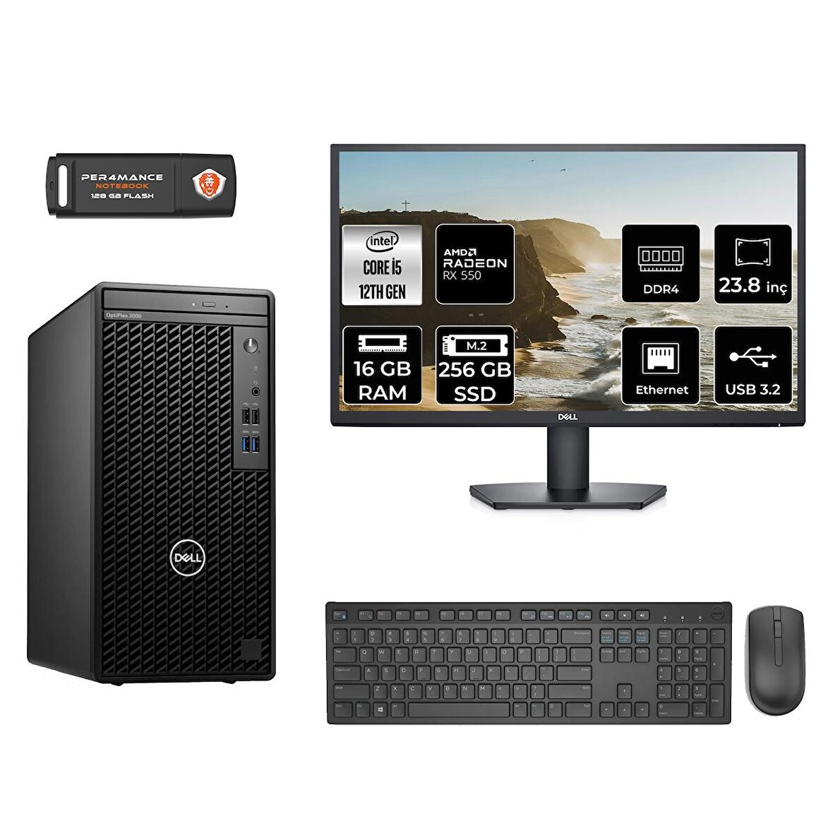 Dell OptiPlex 3000MT i5 12500 16GB 256GB SSD RX550/4GB FDOS N010O3000MTAC MASAÜSTÜ PC & 23.8" MONİTÖR 