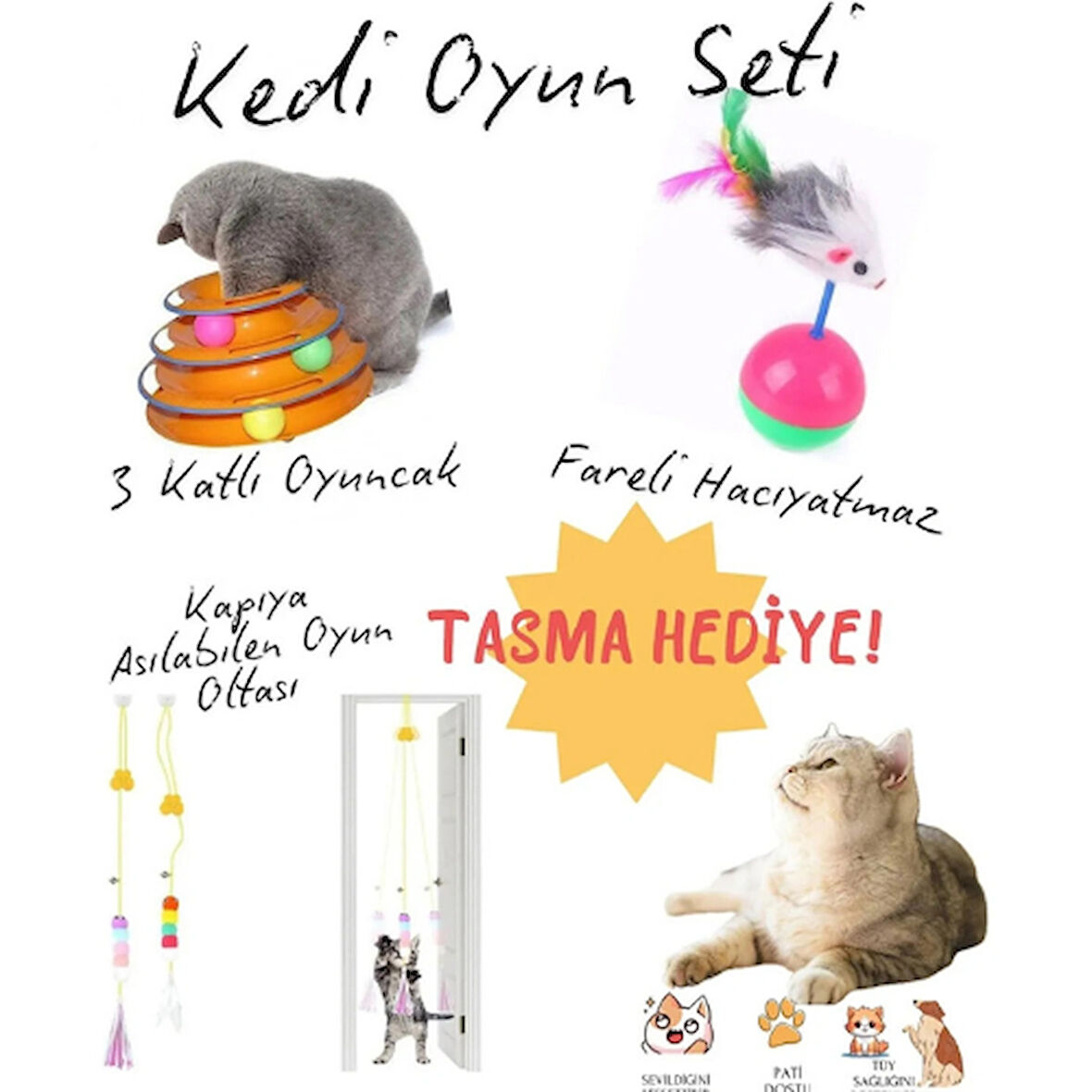 Kedi Oyun Seti Interaktif Oyuncaklar Yapışkanlı Kedi Oltası Hacıyatmaz 3 Katlı Kedi Oyuncağı