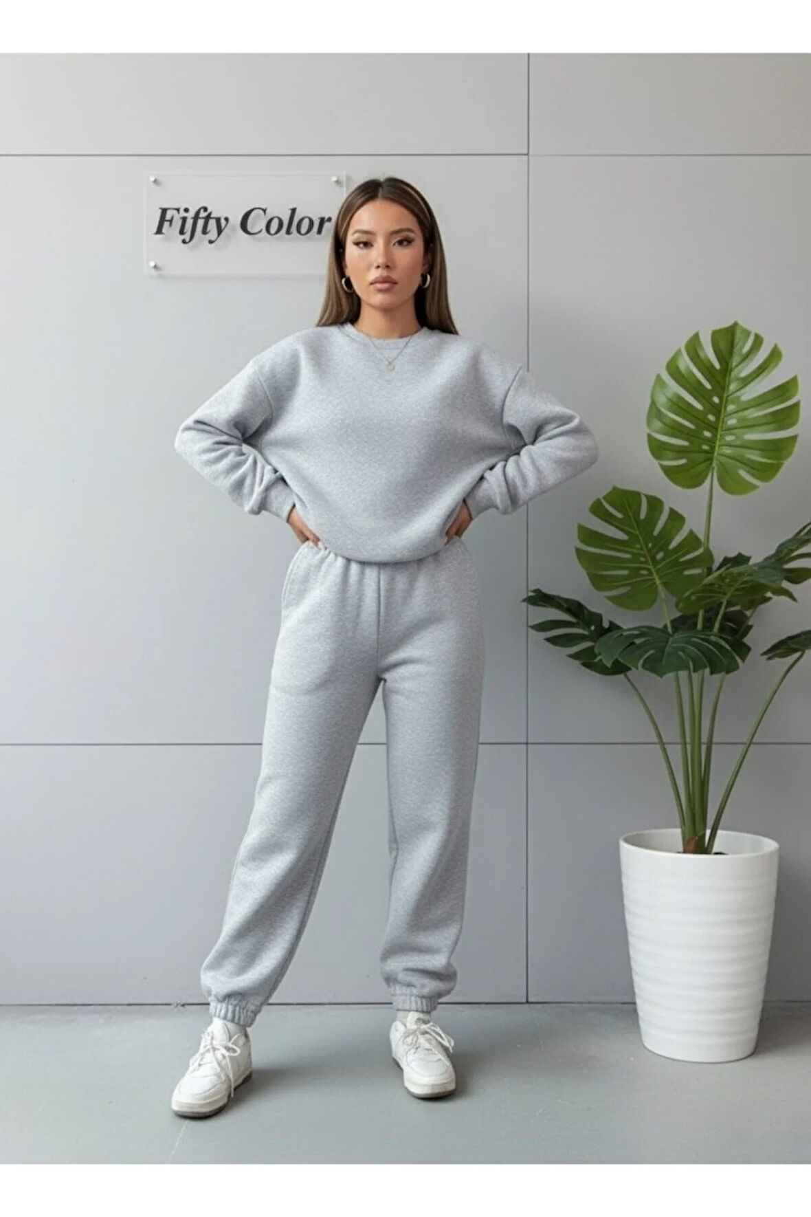 Unisex 2 Iplik Şardonlu Kışlık Gri Sweat - Gri Eşofman Takım Alt-üst