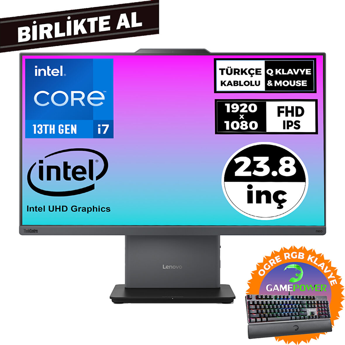 Lenovo ThinkCentre Neo 50a i7-13620H 16GB 512GB SSD 23.8" Fdos AIO+Gaming Klavye 12SC000KTR 048