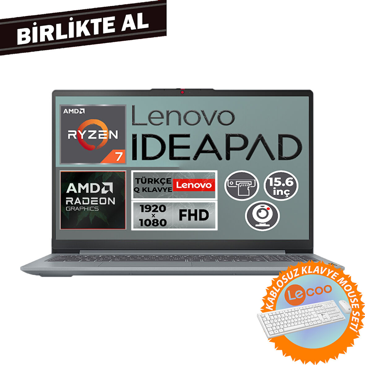 Lenovo IdeaPad Slim 3 Ryzen 7 5825U 16GB 512GB SSD 15.6" Fdos Laptop+Klavye-Mouse Set 82XM00U4TX 004