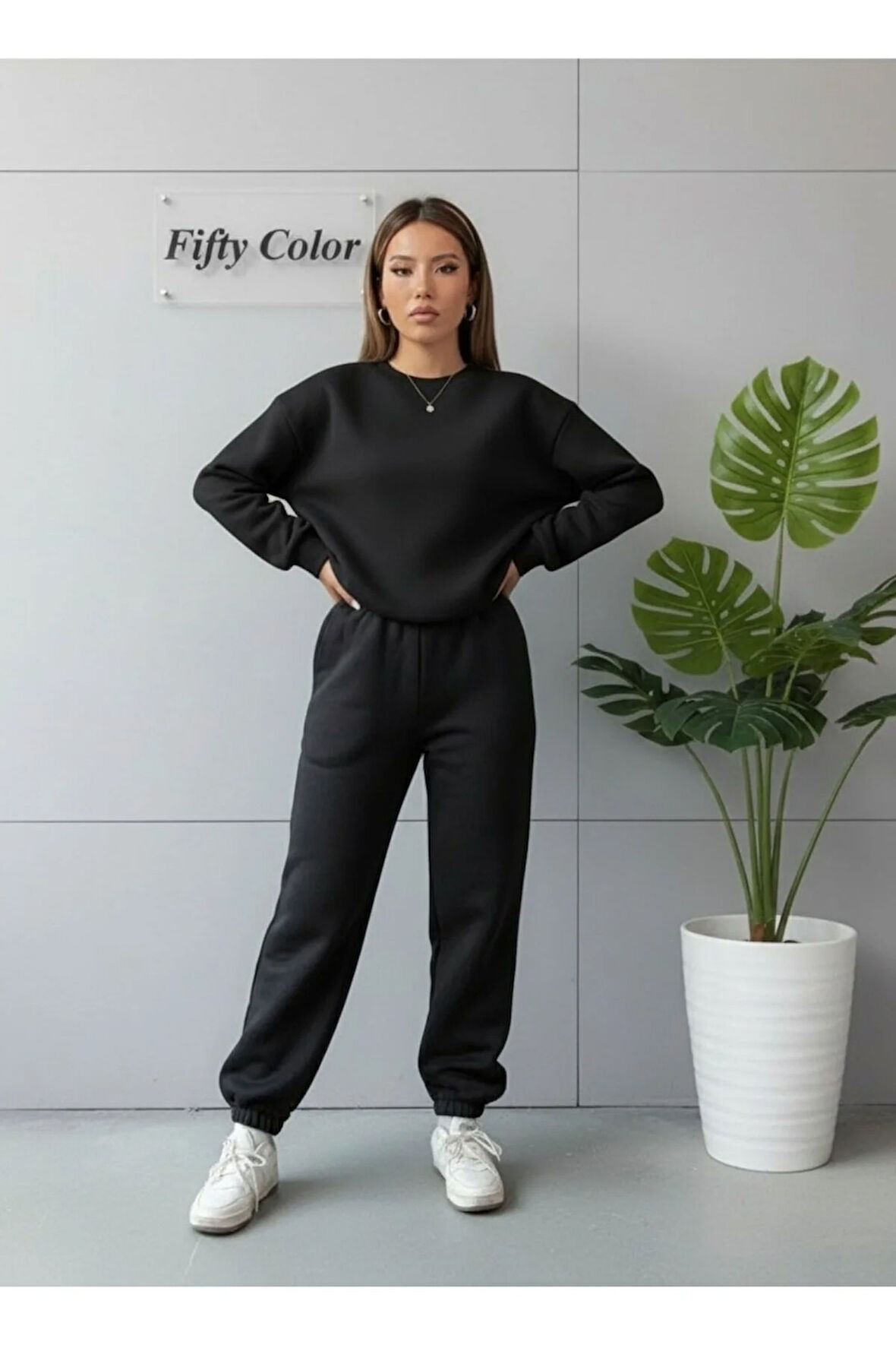 Unisex 2 Iplik Şardonlu Kışlık Siyah Sweat - Siyah Eşofman Takım Alt-üst