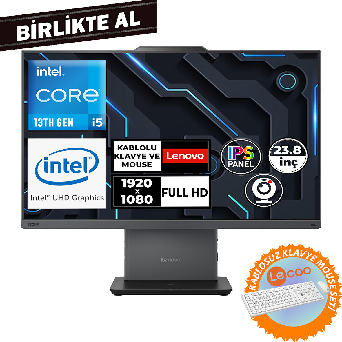 Lenovo ThinkCentre Neo 50A G5 i5-13420H 16GB 256GB SSD 23.8"Fdos AIO+Klavye-Mouse Set 12SC000MTR 040