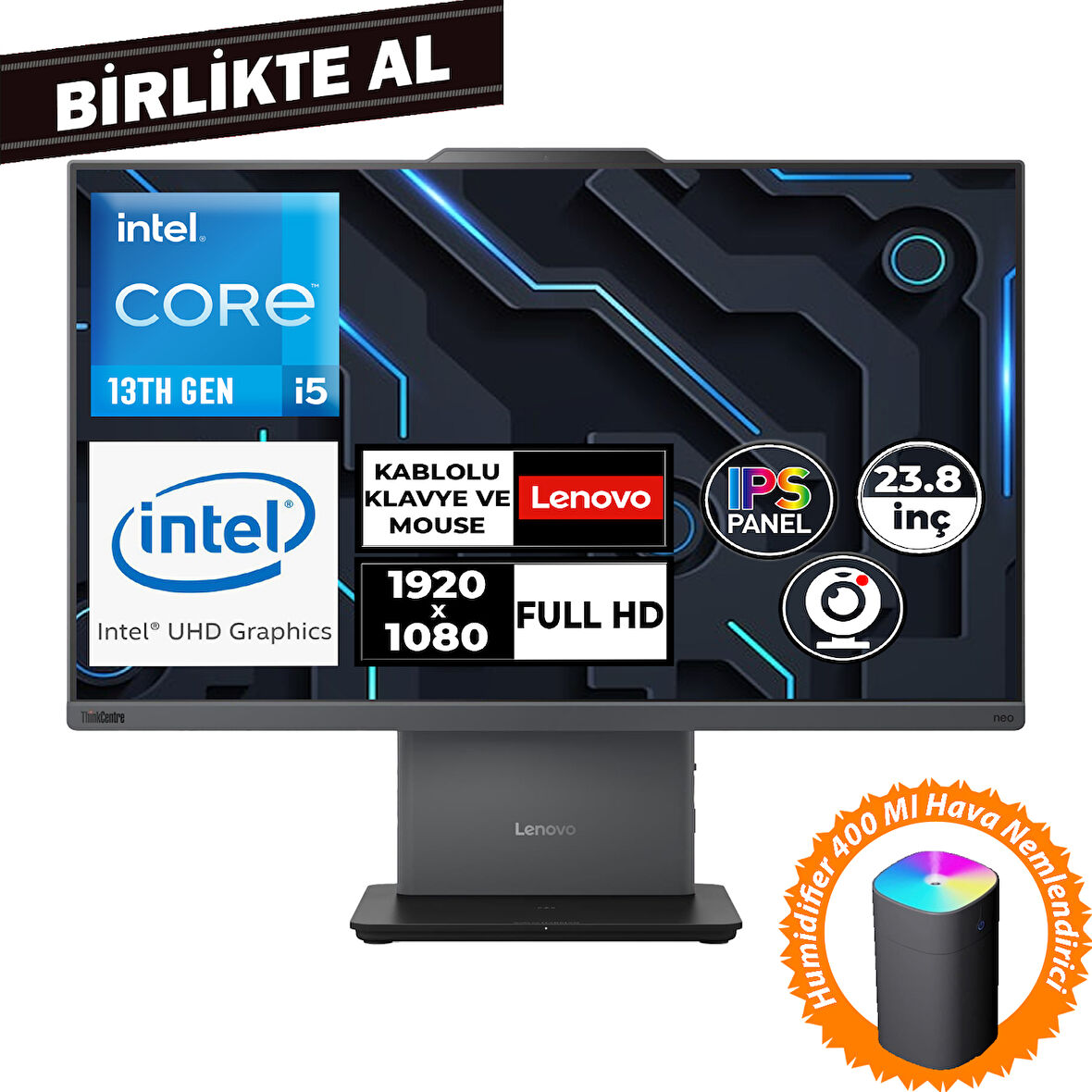 Lenovo ThinkCentre Neo 50A G5 i5-13420H 32GB 1TB SSD 23.8" Fdos AIO+Hava Nemlendirici 12SC000MTR 048