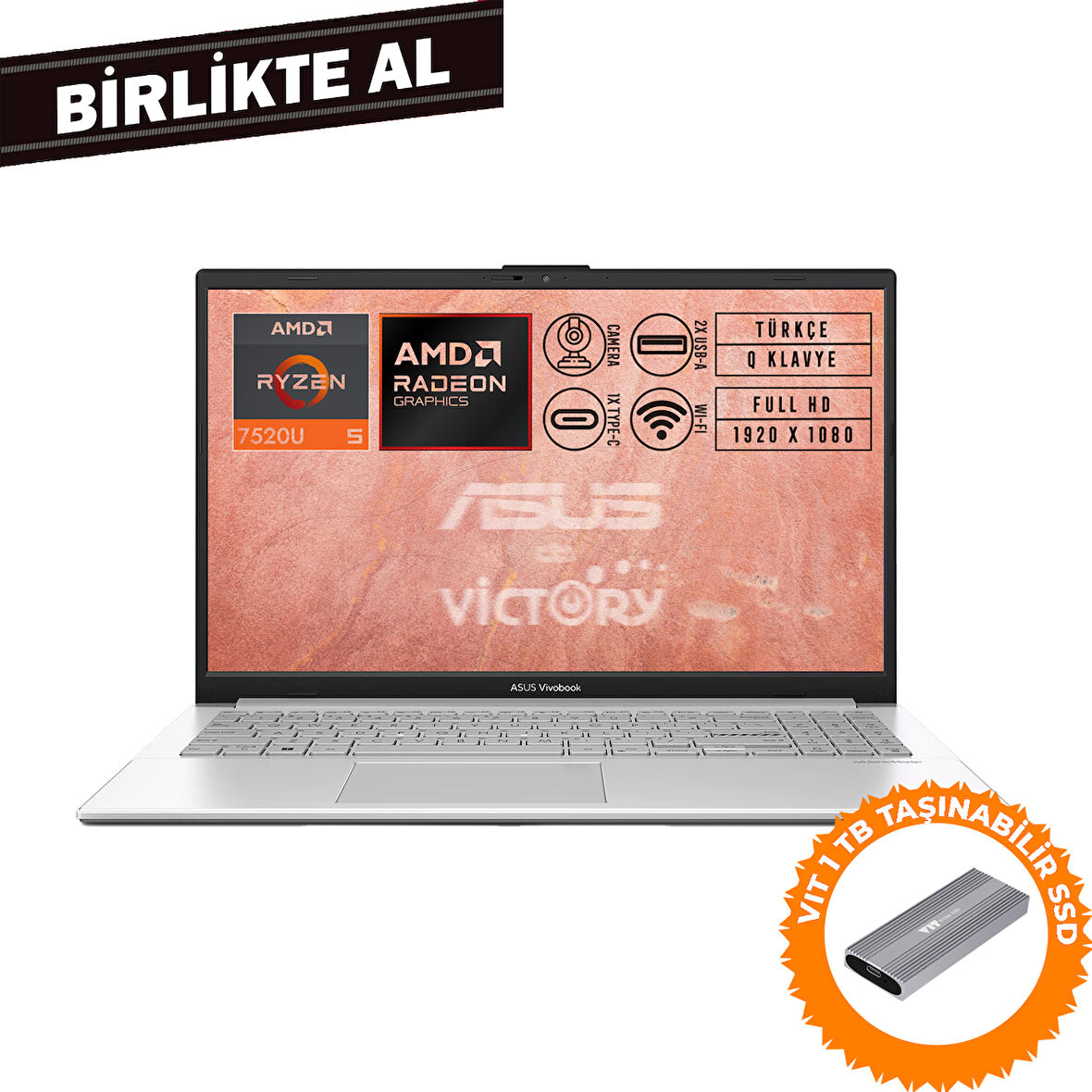 Asus VivoBook Go 15 AMD Ryzen 5 7520U 8GB 512GB SSD 15.6" FHD W11P + VIT 1 TB SSD E1504FA-NJ115 014