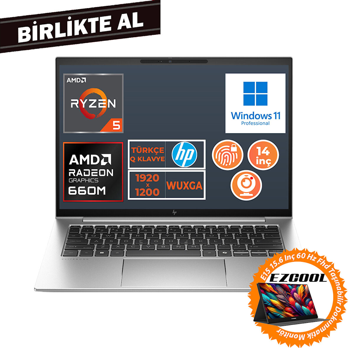 HP EliteBook 845 G9 Ryzen 5 6600U 16GB 512GB SSD 14" WUXGA W11P + 15.6" Touch Monitör 5Z6L9EA 026