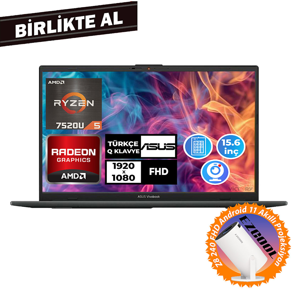 Asus Vivobook Go 15 Ryzen 5 7520U 16GB 1TB SSD 15.6" Freedos + Projeksiyon E1504FA-NJ1465 026